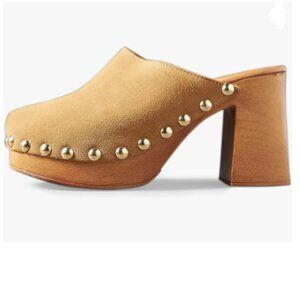 YDN Khaki Platform Slip On Clogs Mules Cork High Heel Round Toe Rivet Sandals